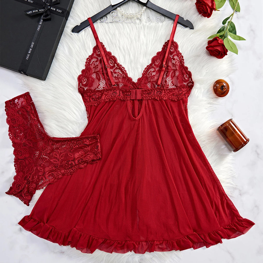 Transparent Red Lingerie Women's Underwear Sleepwear Lace Nightdress And Panty Pijamas Sets Female Nighty