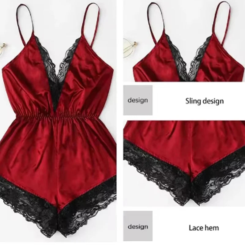 Summer New Sexy Fashion Women Lace Splice Trim Backless Bow Shorts V-Neck Bodysuit Women Sleep Wear Set