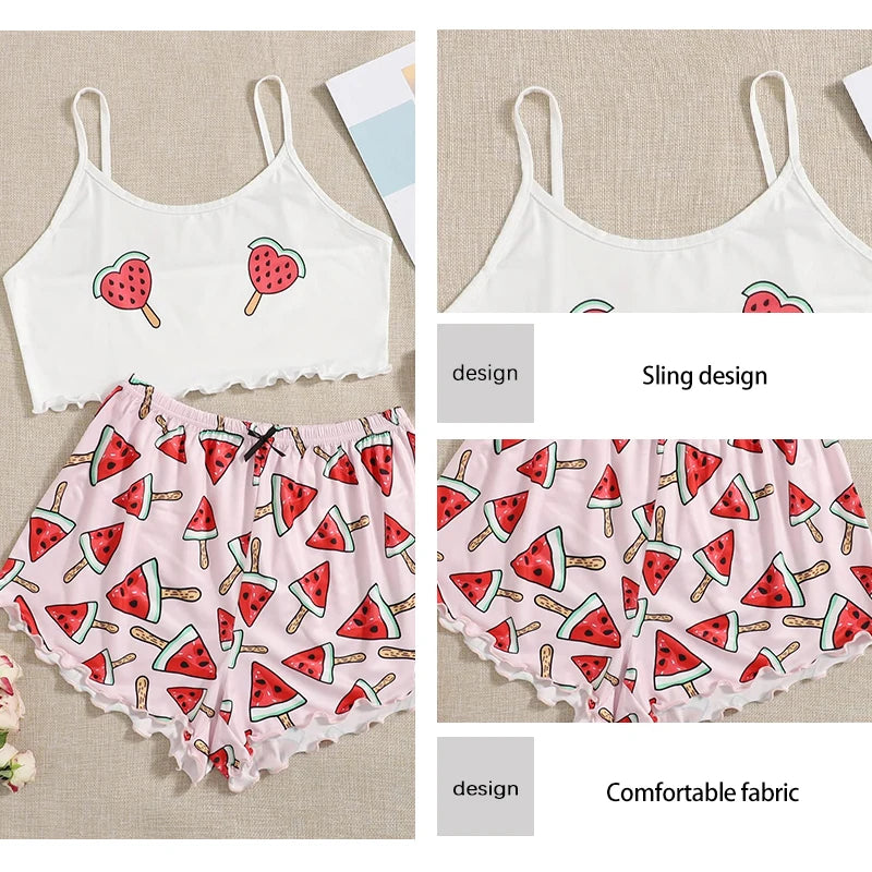Summer New Comfortable Two-Piece Milk Silk Pink Printed Watermelon Suspender Sexy Women's Home Sleepwear Set