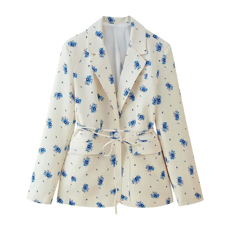 2025 summer European and American fashion print loose suit collar tie waist suit jacket two-color