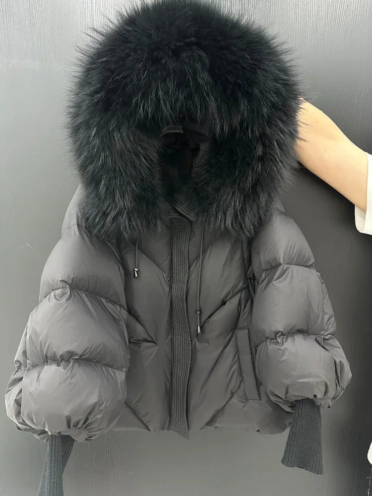 Lagabogy 2025 New Winter Large Real Fur Hooded Puffer Jacket Women White Duck Down Mid Long Parka Thick Warm Knitted Sleeve Coat
