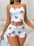 Women Summer Casual Two-Piece Pajama Set Bowknot Print Round Neck Camisole and Shorts Set Home Clothes Loungewear