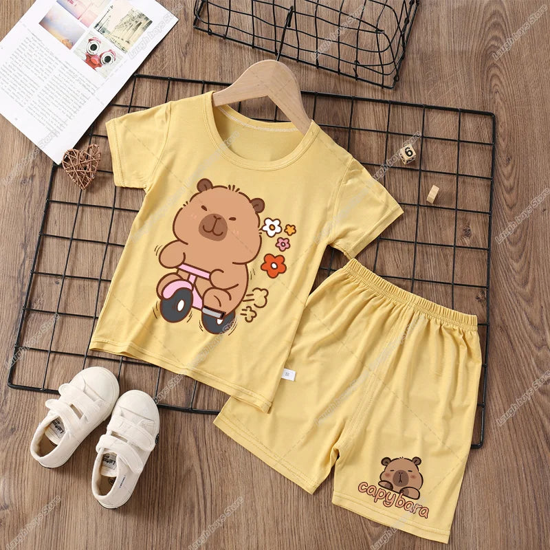 Capybara Cute Pajamas Suit Short Sleeve Sleepwear Cartoon Animal Print Soft Homewear Set Kawaii Silky Home Nightgown Summer Gift