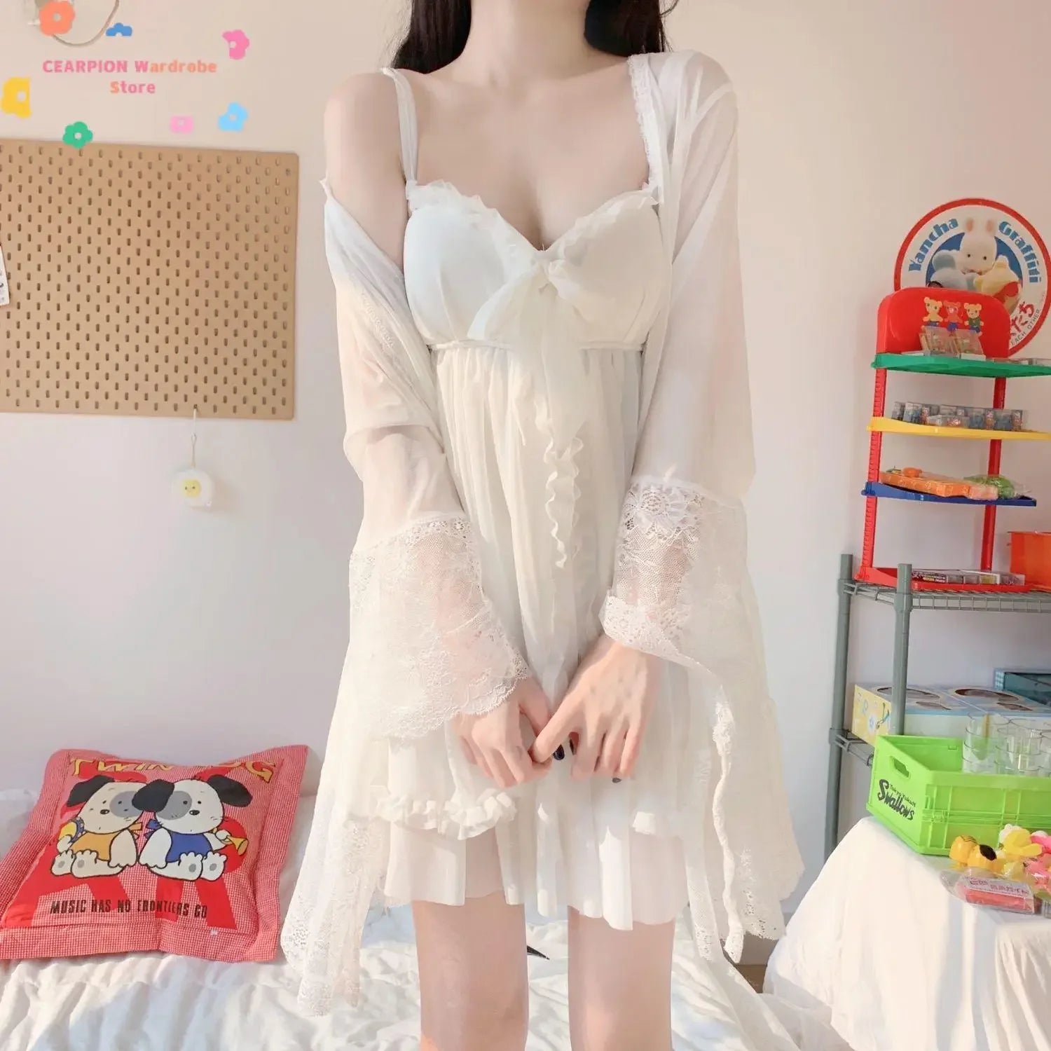 White Satin 2Pcs Sleep Set Princess Homedress Silkly Mesh Robe Sweet Spaghetti Strap Multilayer Lace Trim Nightgown Sleepwear