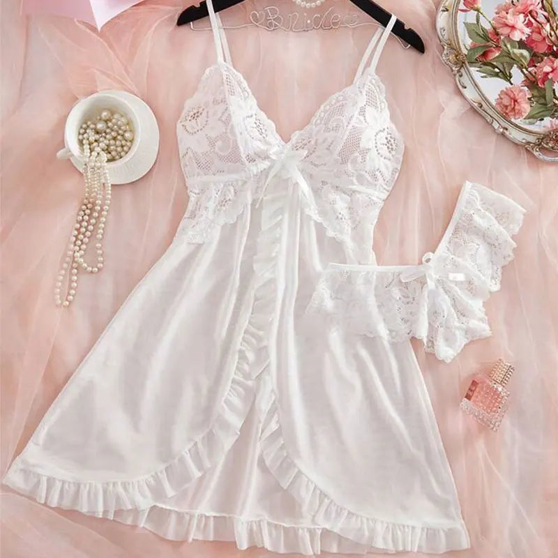 A Set Pink Cute Women Sweet Nightdress And Panty Pijamas Suit Sleeveless Halter Nightgown Short Sets V-Neck Bra Thong Luxury Kit