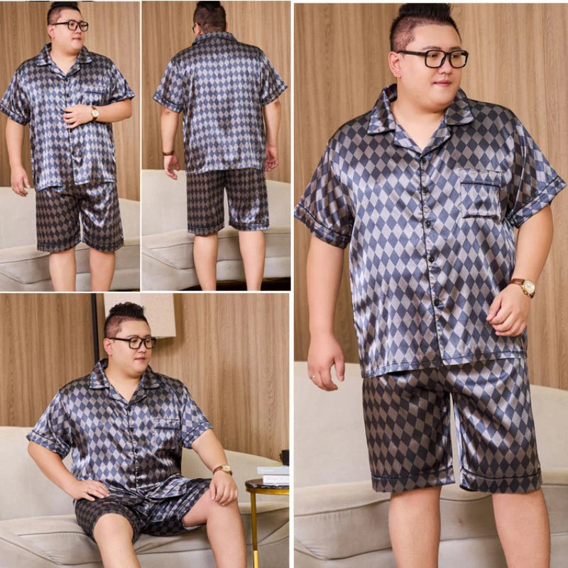 5XL Plus Size Pajamas for Men 150KG Summer Satin Sliky Sleepwear Short Sleeve Shorts 2PCS Set Loose Luxury Plaid Home Clothes