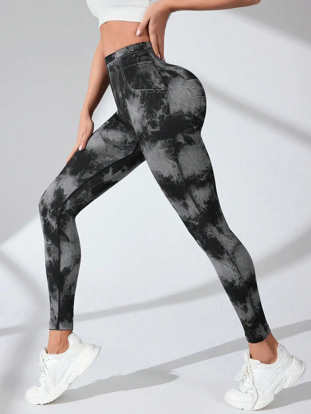Black Gray Tie Dye Yoga Leggings Fake Denim Print High Waist Butt Lifting Quick Dry Gym Pants