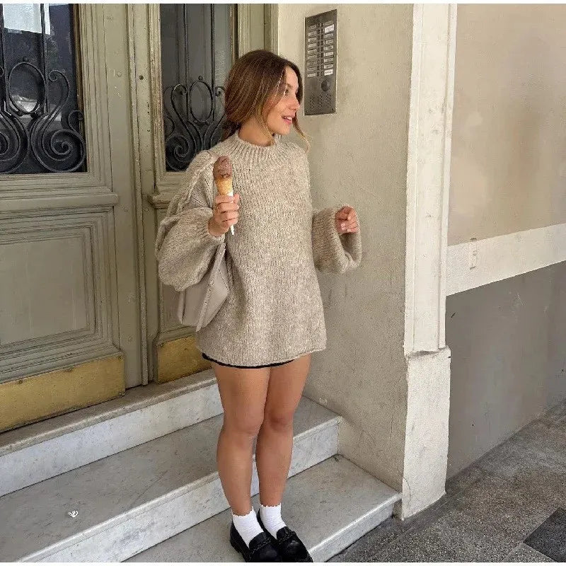 Commuter Fashion New Winter Sweater Solid Color Half High Collar Oversize Knit Pullover Loose Thick Sweater for Women Outfits