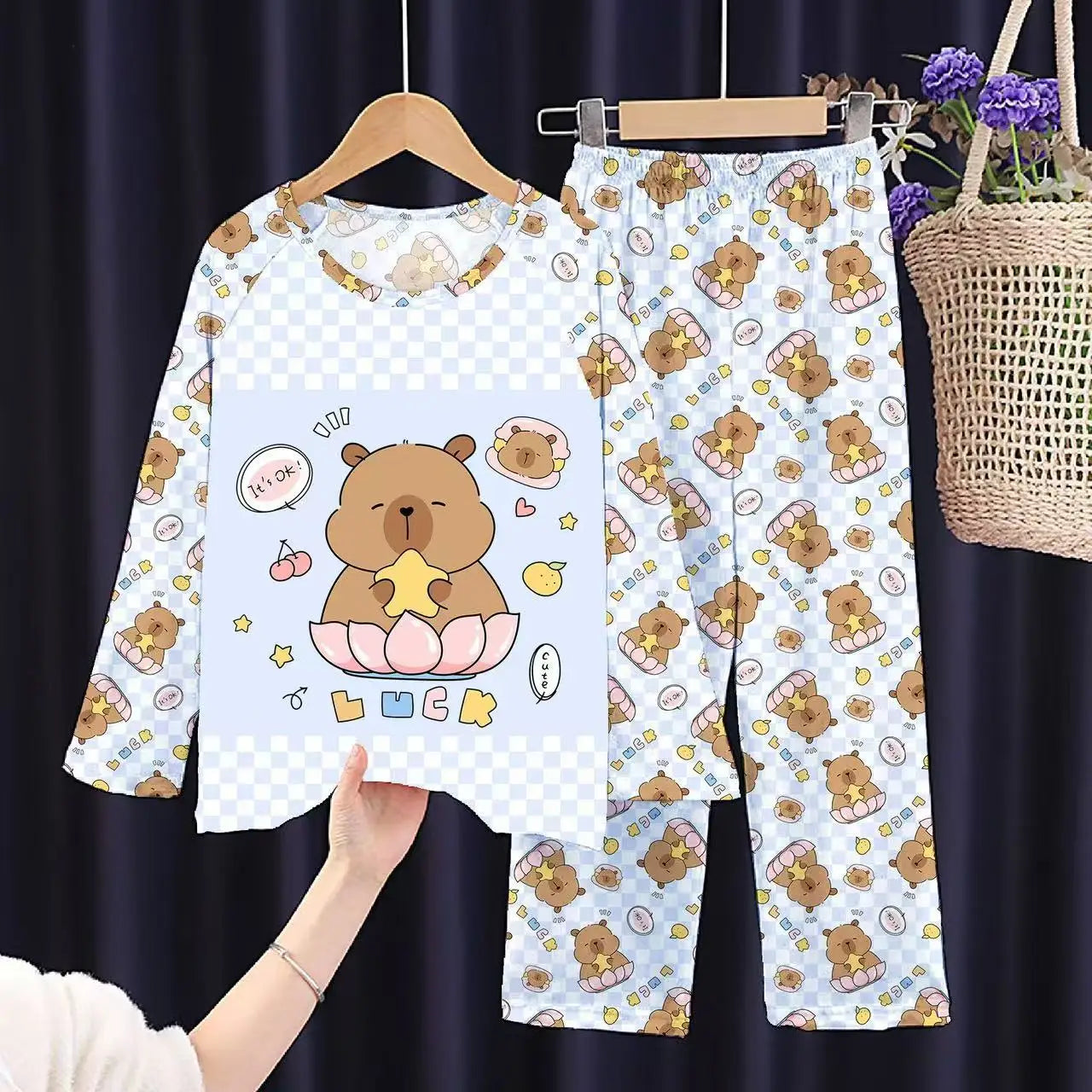 Girls Capybara Pajamas Set Full Sleeve Children Sleepwear Kids Pyjamas Suits for Teenager Boys Pijama Capibara Home Wear Clothes
