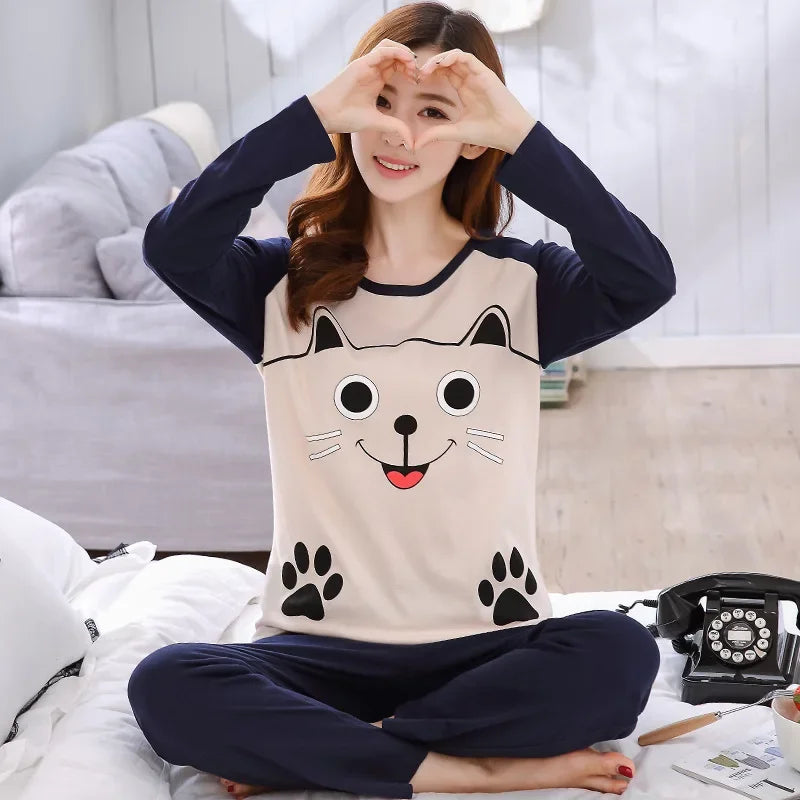 2025 Women Pajamas Set Spring Autumn New Cartoon Printed Long Sleeve Cute Sleepwear Casual Homewear Female Plus Size Pyjamas