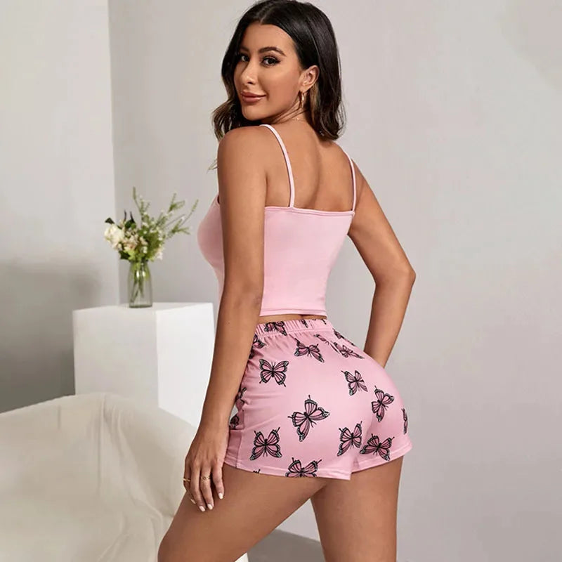 Women's Pajama Set Pajamas 2 Pieces Short Tank Top Shorts Black Breathable Soft Casual Butterfly Print Home Clothes