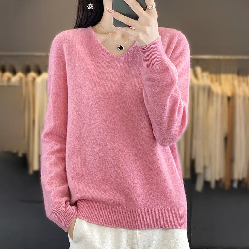 New Women's V-neck First-line Ready-To-Wear Sweater Long Sleeve Jumper Loose Fashion Comfortable Solid Color SweaterZD