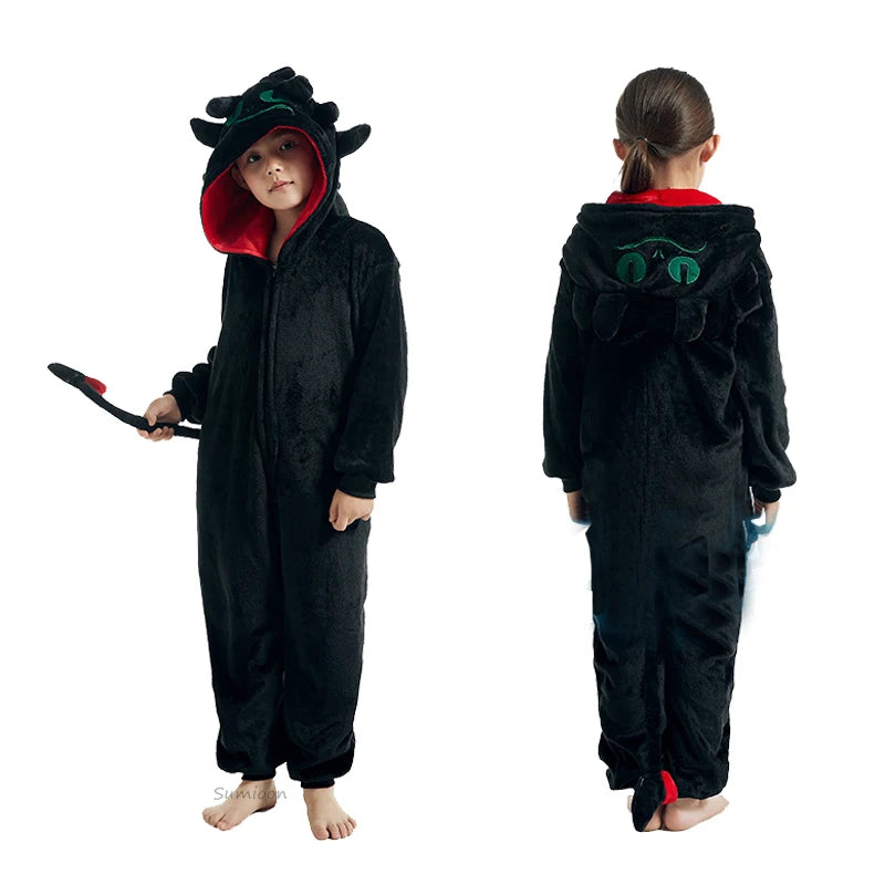 Kids Winter Plush Pajamas Children Dragon Stitch Cow Sleepwear Keep Warm Kigurumi For Boys Girls Flannel Fleece Sleeping Clothes