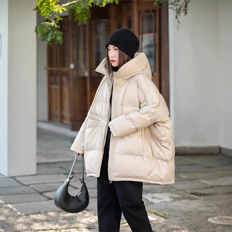 Lagabogy 2025 New Winter Women 90% White Duck Down Jacket Casual Loose Over Size Warm Parka Female Drawstring Hooded Puffer Coat