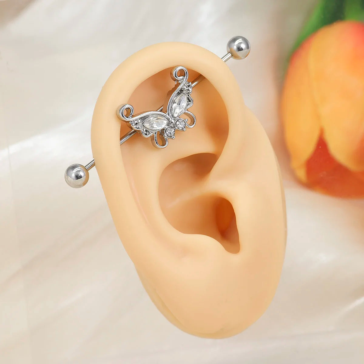 1 Pcs Stainless Steel Bow Butterfly Pendant Female Punk Industrial Barbell Cartilage Earring Tragus Long Spiral Piercing Jewelry