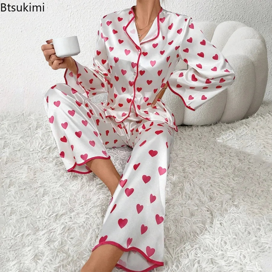 Women's Casual Soft Sleepwear Sets Spring Autumn Satin Printed Heart-shaped Long Sleeved Top and Pants Two Piece Home Suit Set