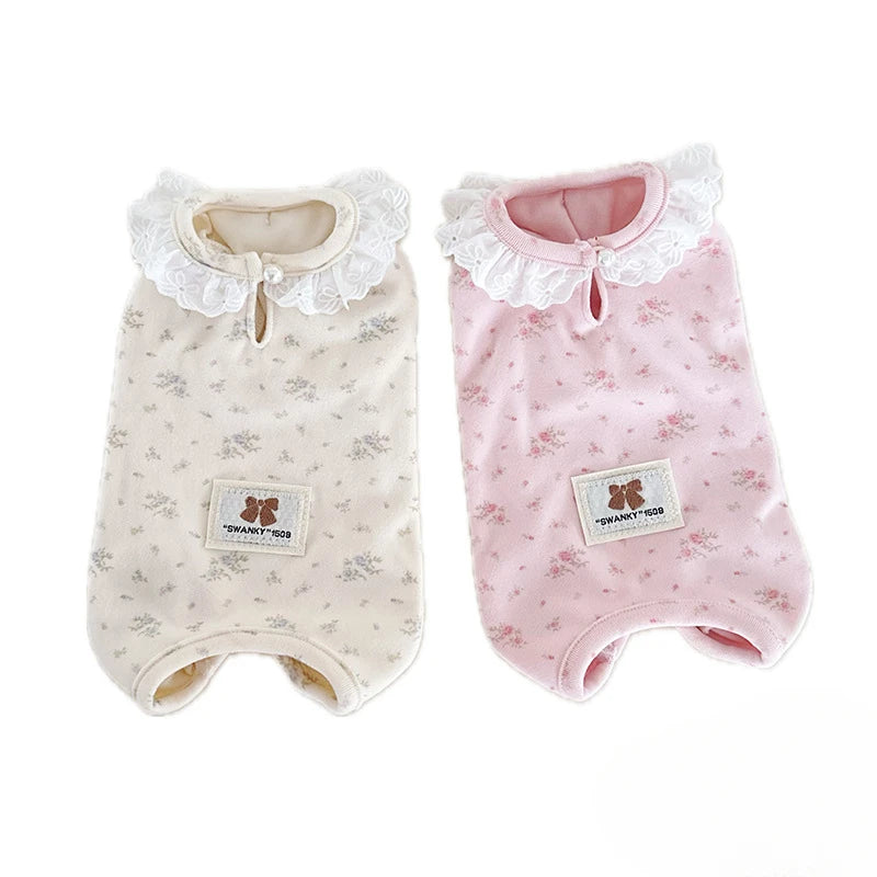 Spring and Autumn/Winter Pet Jumpsuit, Cat and Dog Clothes, Floral and Velvet Lace Elastic Home Sleepwear Puppy Cloth Pajamas