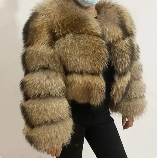 Women Fake Raccoon Fur Jacket Autumn Winter Faux Fur Fox Coats Short Coat Jackets Furry Outerwear Elegant Thick Warm Coats