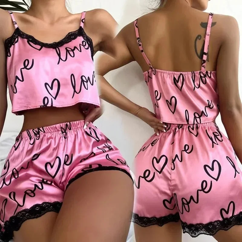 Sexy Pajama Shorts Sets Womens Homewear Love Print Nighty Underwear Pijama Summer Lingeries Camisoles Tanks Lady Sleepwear Woman
