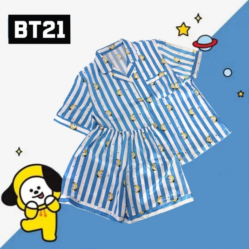 Kawaii Bt21 Tata Cooky Rj Pocket Short Sleeve and Shorts Pajama Set, Casual Satin Sleepwear with Lapel Collar and Button Detail
