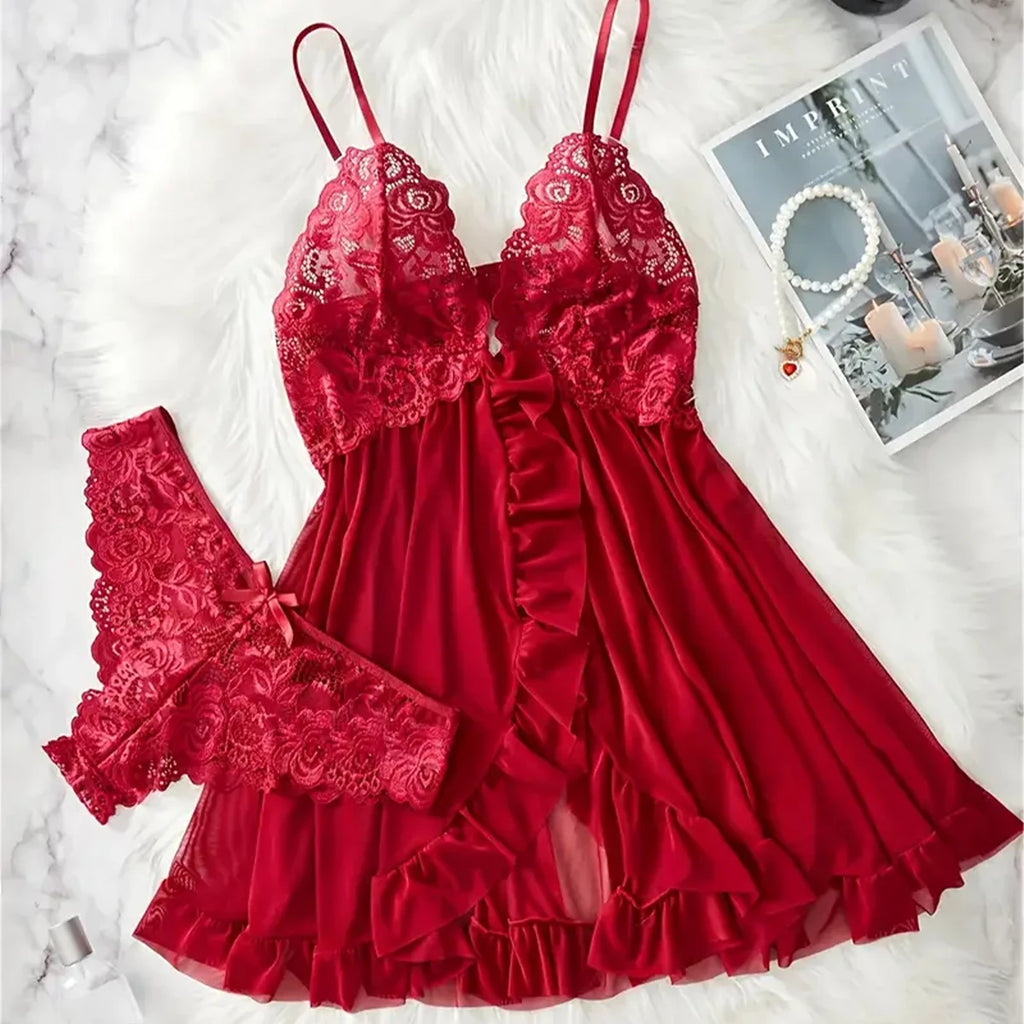 Elegant Transparent Red Sexy Lingerie Women's Underwear See Through Sleepwear Lace Nightdress Panty Pijamas Sets Female Babydoll
