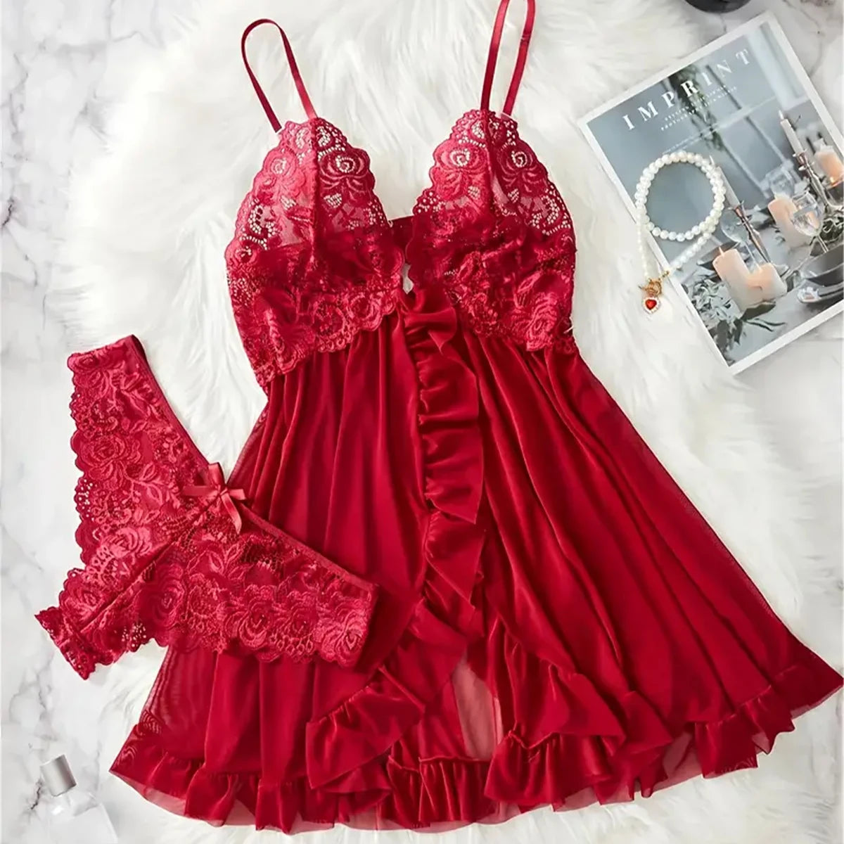 Elegant Transparent Red Sexy Lingerie Women's Underwear See Through Sleepwear Lace Nightdress Panty Pijamas Sets Female Babydoll