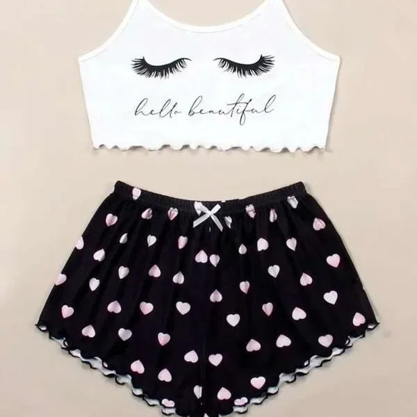 Comfortable Thin Knitted Vest Strap Home Sleepwear Set for Women Summer Season Print Pattern Home Leisure Women's Nightgown