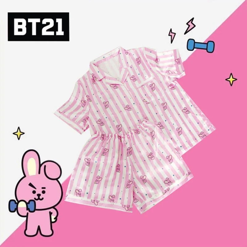 Kawaii Bt21 Tata Cooky Rj Pocket Short Sleeve and Shorts Pajama Set, Casual Satin Sleepwear with Lapel Collar and Button Detail
