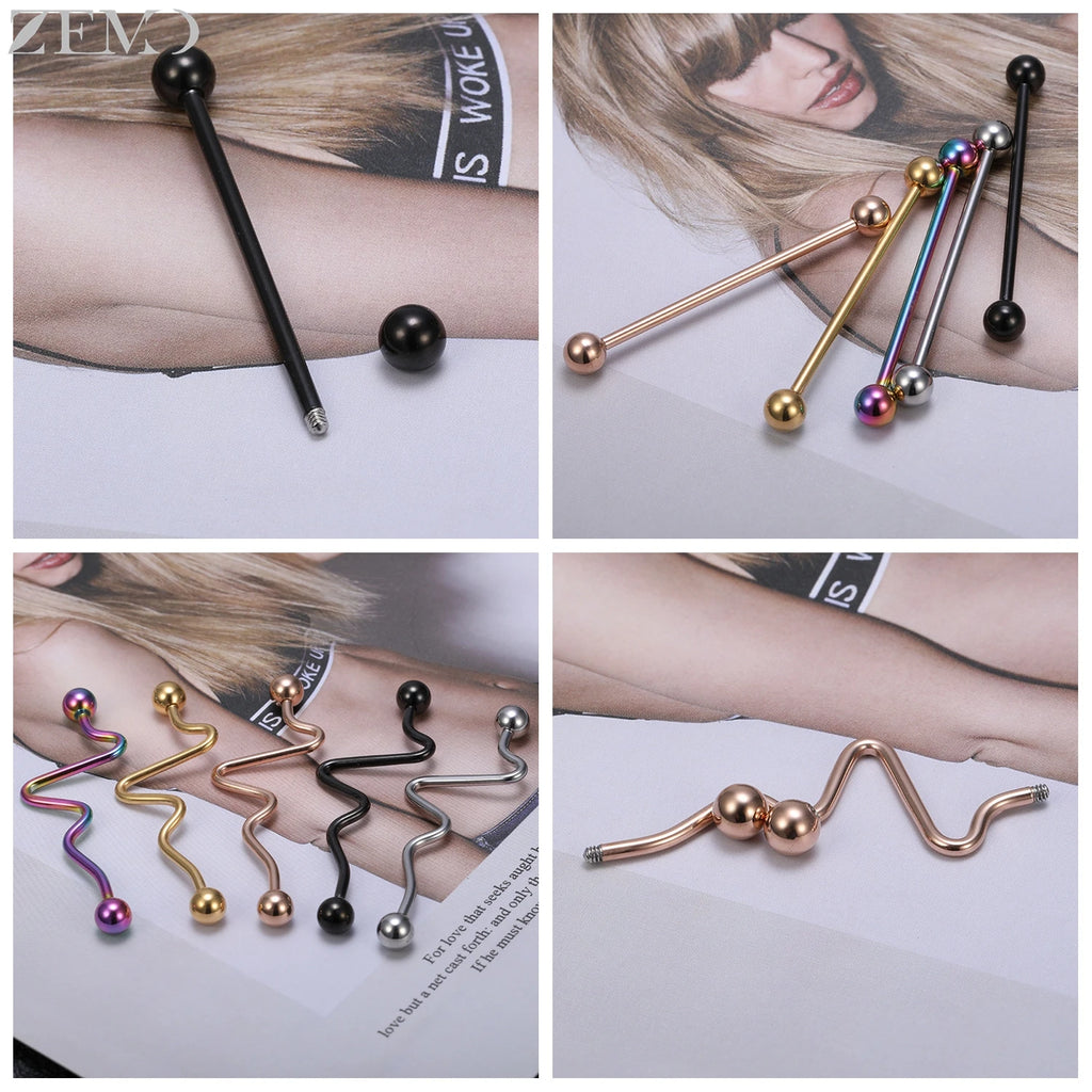 ZEMO 1 Piece 14G Stainless Steel Long Industrial Piercing Women Men 38MM Stud Earrings Barbell Taper Arrow Conch Helix Piercings