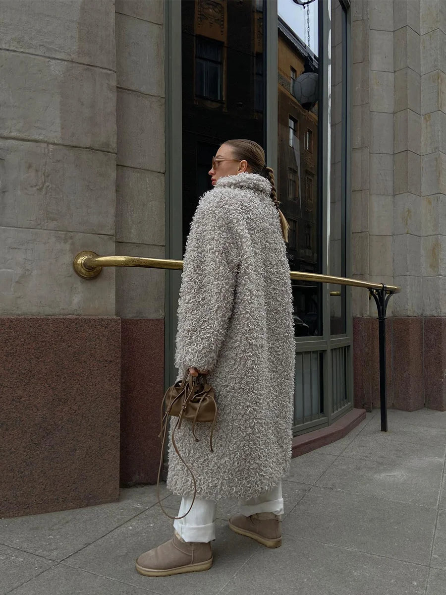 Gray Wool Faux Fur Shearling Long Coat for Women Winter 2025 Winter Fashion Trendy Teddy Maxi Coat Monki Curly Clean Fit Outwear