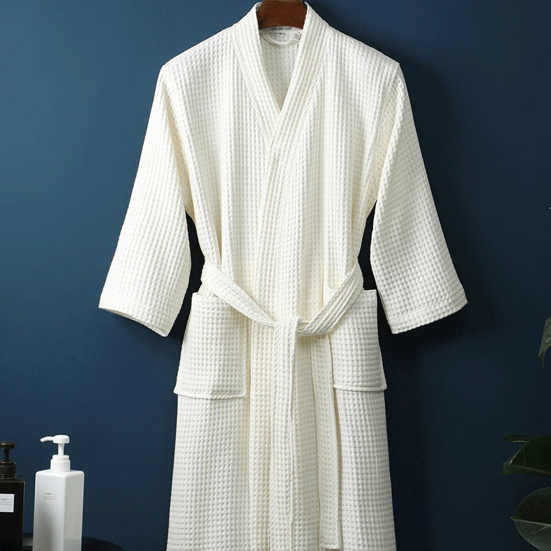Adult Cotton Waffle Kimono Bathrobe Gown Yukata Couple Robe Negligee with Pocket Loose Casual Home Dress Loungewear Sleepwear