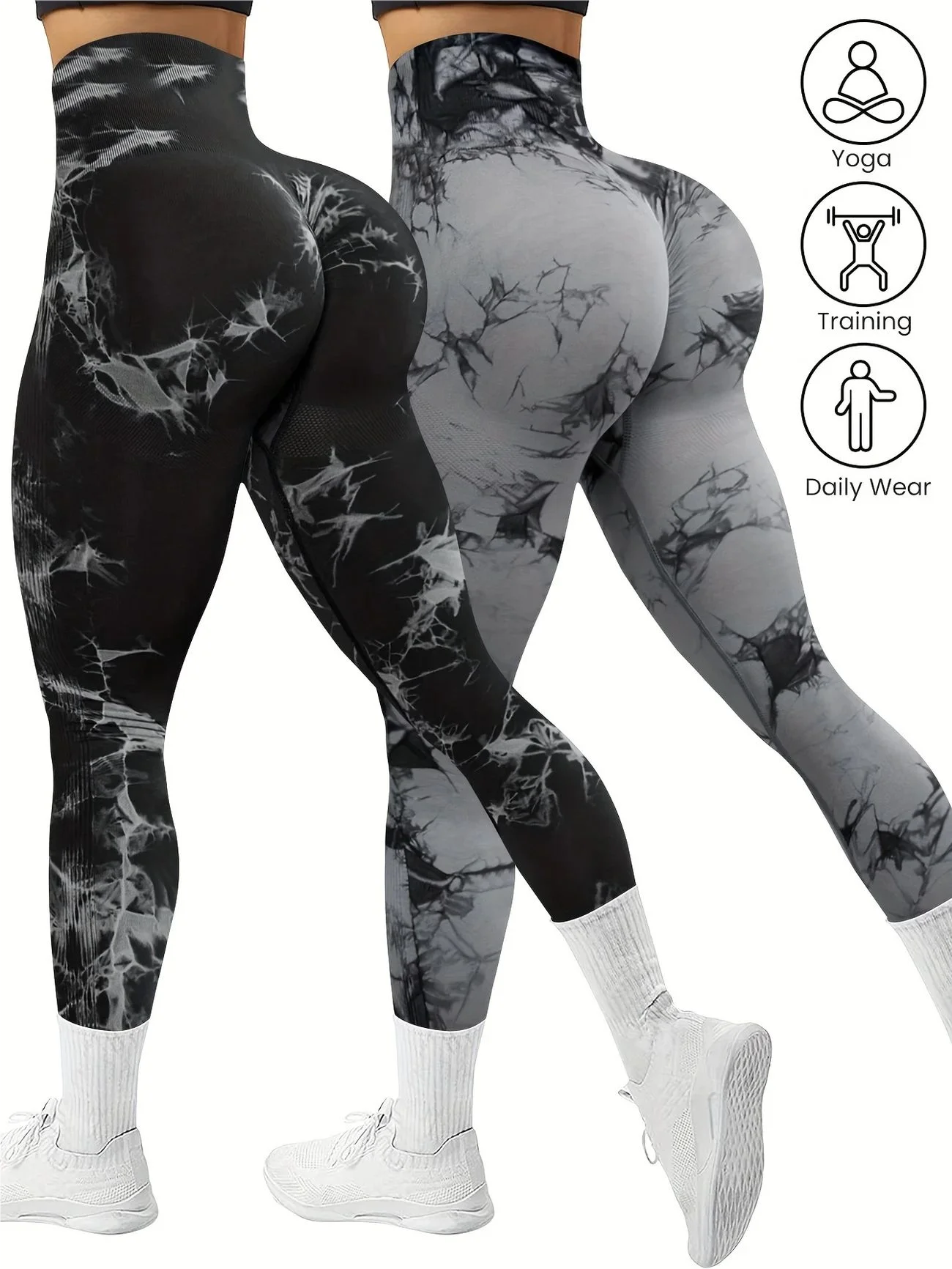 CZGUKE 2-PCS tie dye seamless women's high waisted yoga pants tight waist and hip lifting elastic wide waist sports leggings