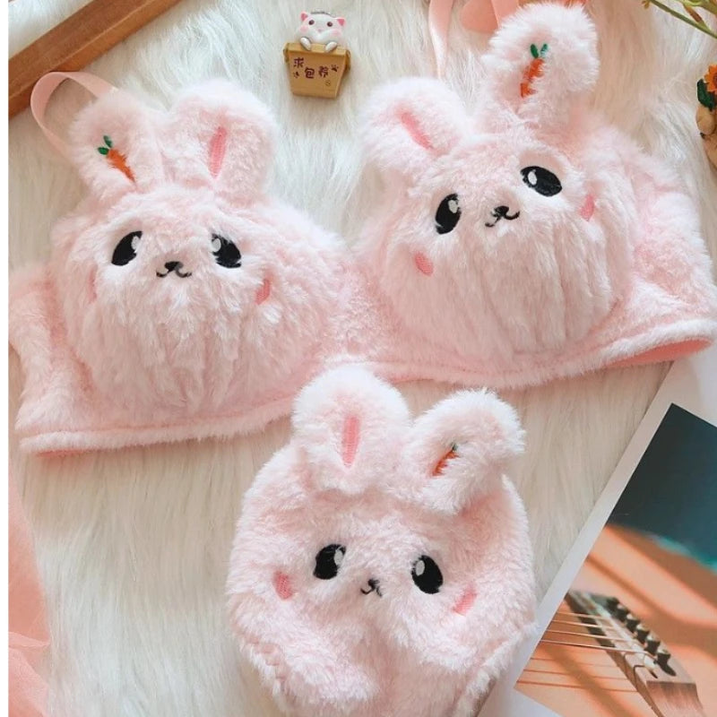 Japanese Cute Plush Lingerie Set – Soft Warm Push-Up Bra & Panties, No Steel Ring Women’s Underwear Suit
