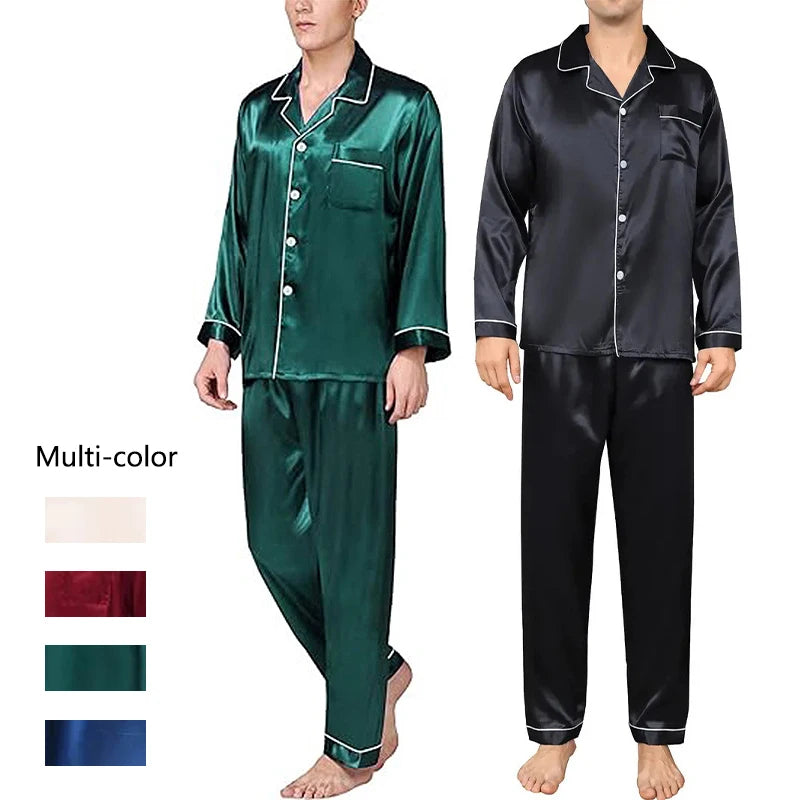 2PCS/Set Plus Size Solid Long-Sleeved Pyjamas Men Spring and Autumn Silk Sleepwear Homewear Cardigan Lapel Trousers Nightwear