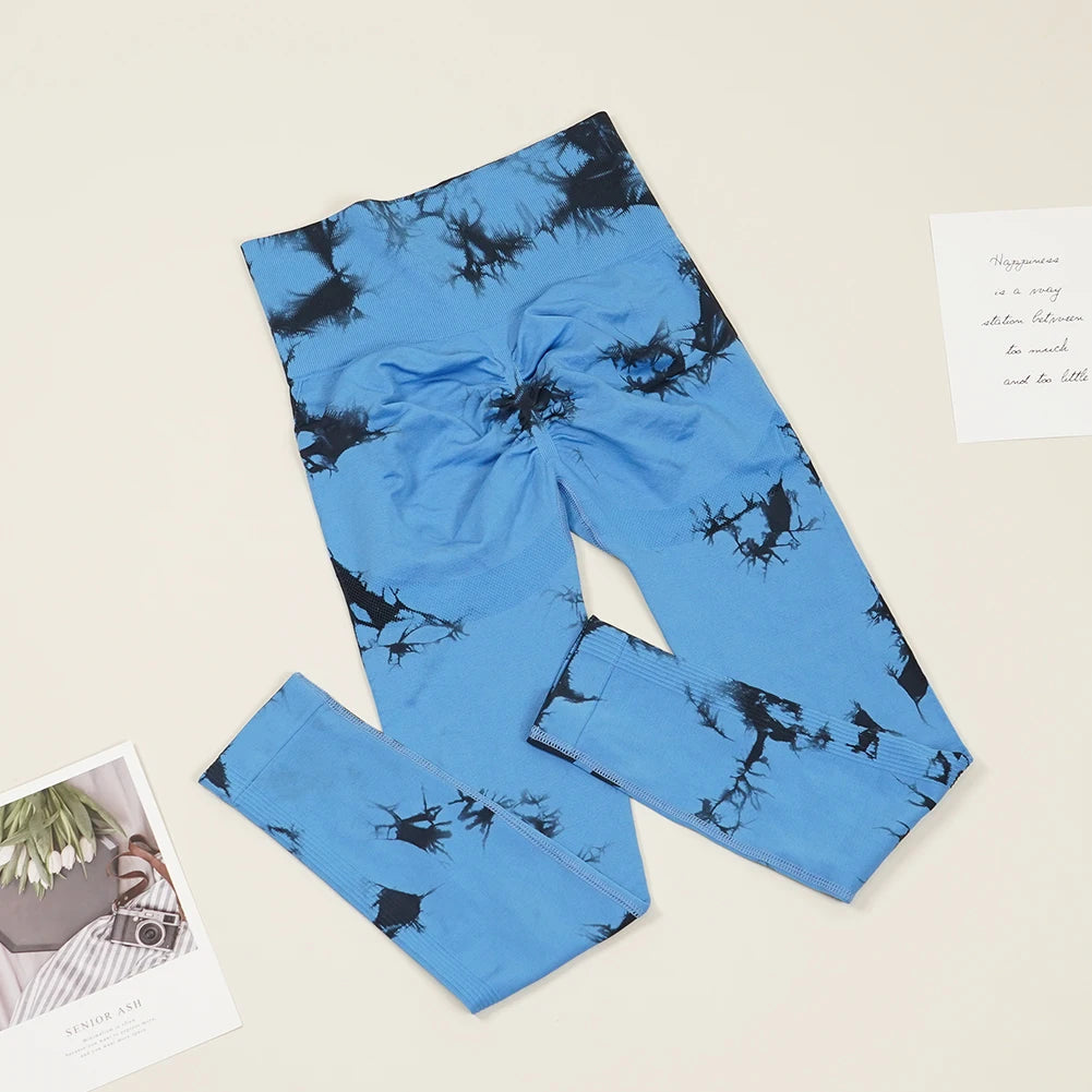 VEQKING Seamless Tie Dye Women Yoga Pants High Waist Sports Leggings Elastic Quick Dry Gym Fitness Pants Tight Workout Trousers