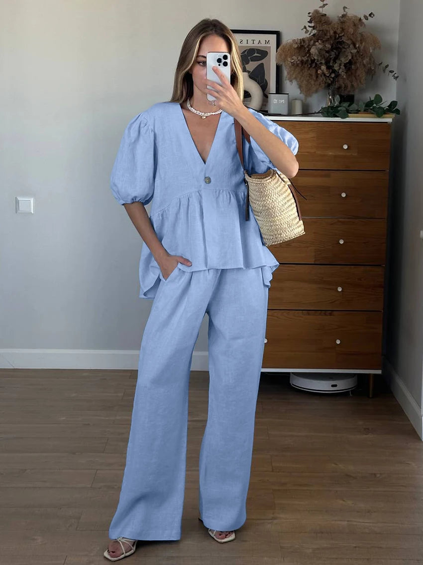 Marthaqiqi Home Clothes Female Sexy V-Neck Sleepwear Short Sleeve Nightgowns Wide Leg Pants Loose Women'S Nightwear 2 Piece Set