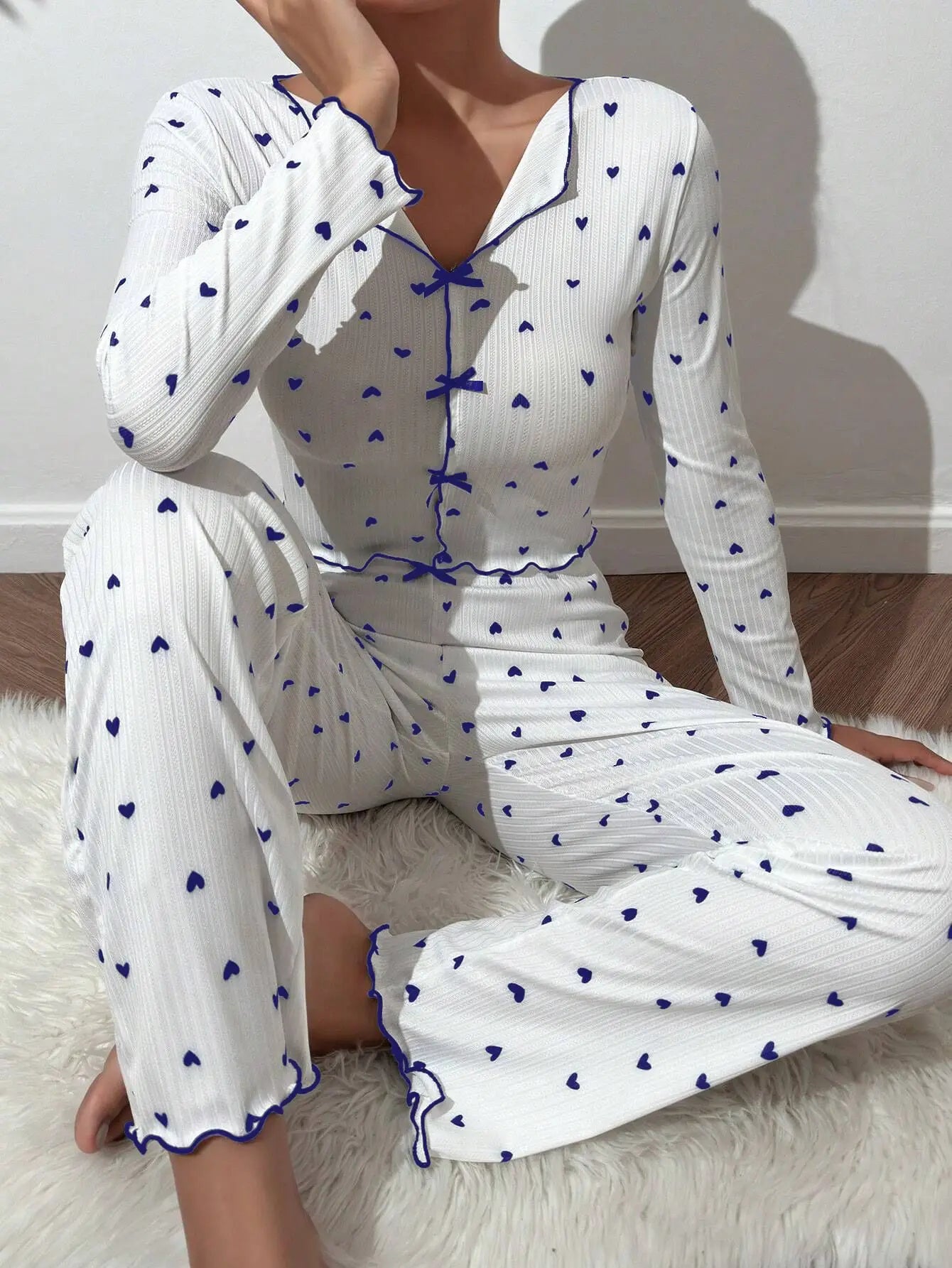 2 Piece Sets Women Pajamas Suit Top Pants Ensemble Sleepwear Heart Print Bow Loungewear Female Autumn Outfits Nightwear 2025