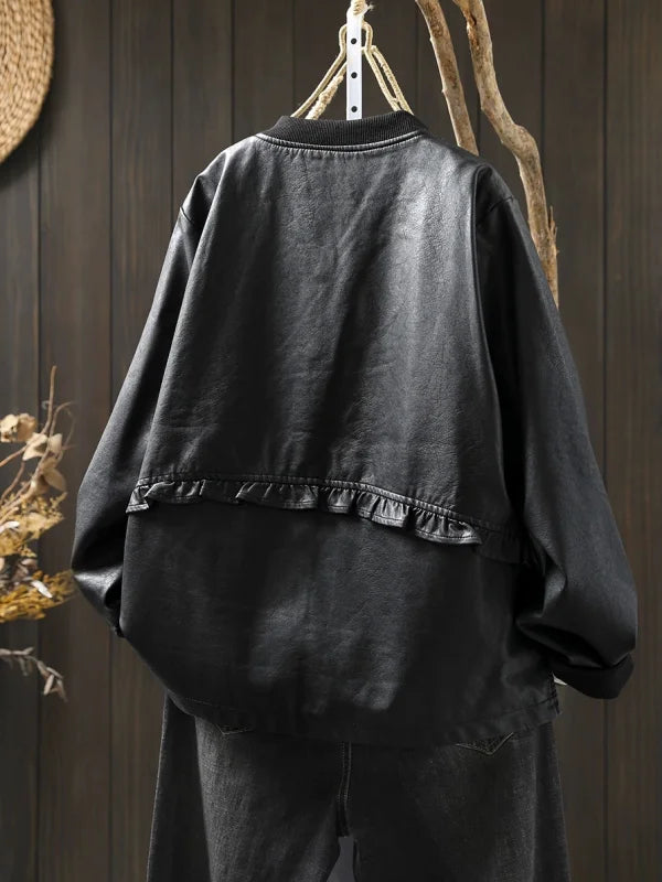 Casual Long Sve PU Leather Jaet Women's Sle Collar Baseball Coat Trendy Ba Splicing Ball Game Faion Outerwear