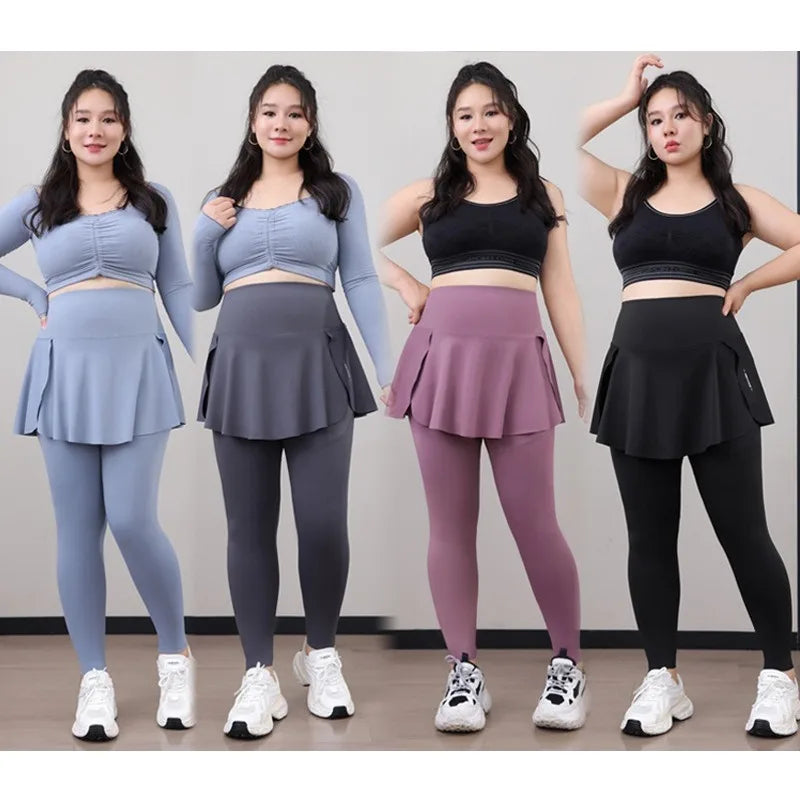 Plus Size Fit 200lbs Yoga Fake Two Items Leggings with Pockets Sharkskin High-Waisted Skirt Pants Gym  Trainning Slim Tights