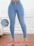 【Non-Denim】Women's Faux Denim Print Leggings, Sports Casual Skinny Pants, Thin Soft Skin-Friendly Yoga Pants, All Seasons Wear L