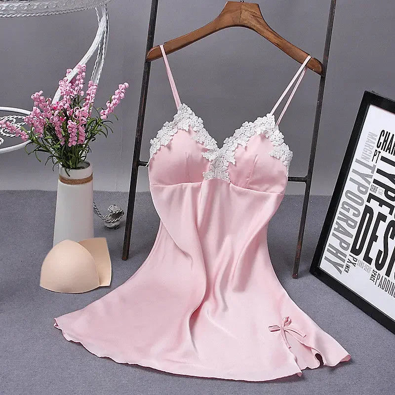 Hot Summer Women Silk Robe Dress Babydoll Nightdress Solid V-neck Sexy Lingerie Nightgown Sleepwear