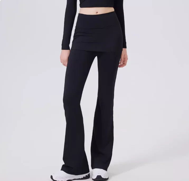 Fake two high waisted slightly flared pants with hip covering skirt for women's running, dance training, Pilates sports pants