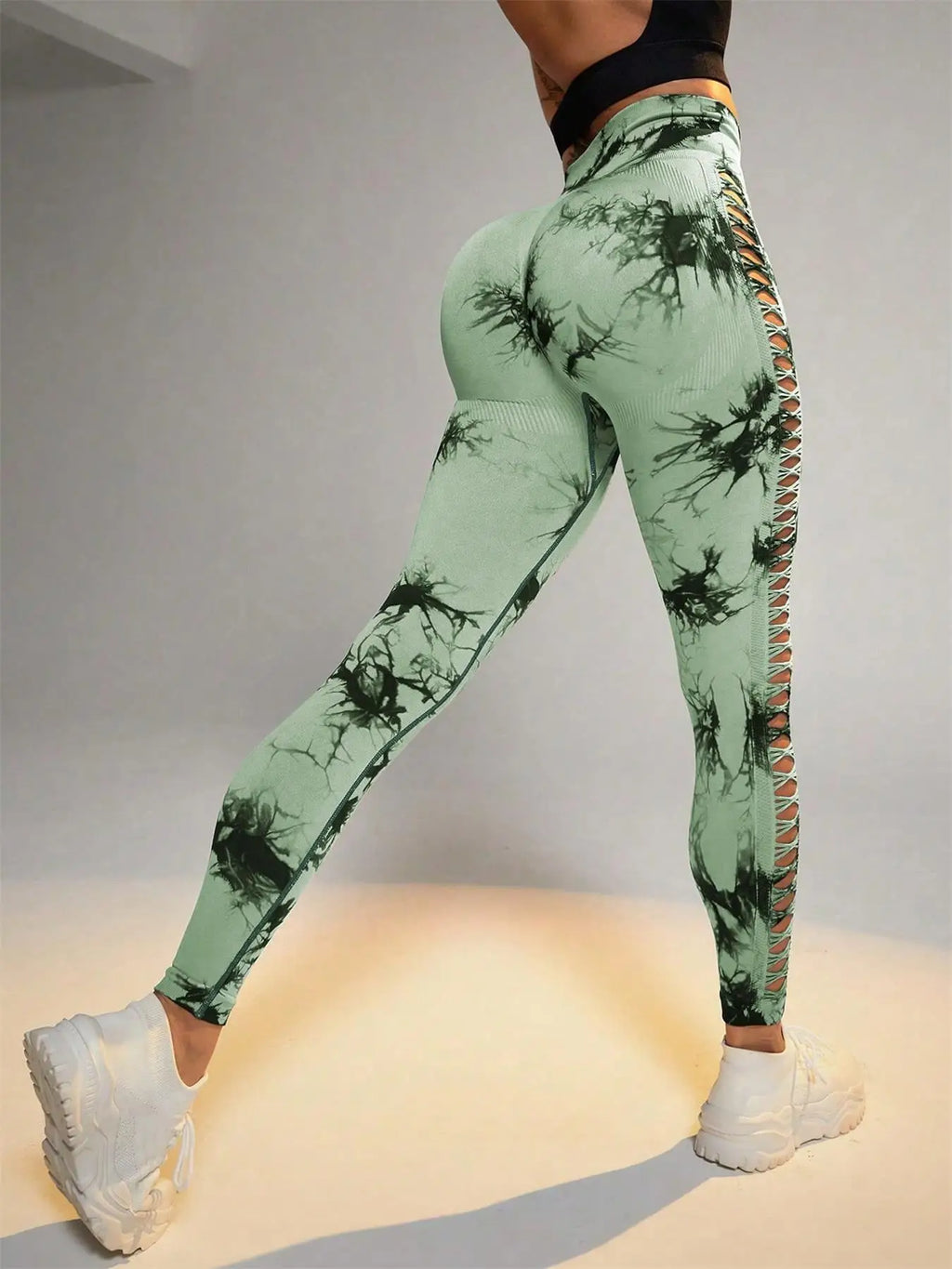 Women's Seamless Hollow Out Tie-Dye High-Elastic Compression Workout Leggings, For Yoga & Fitness