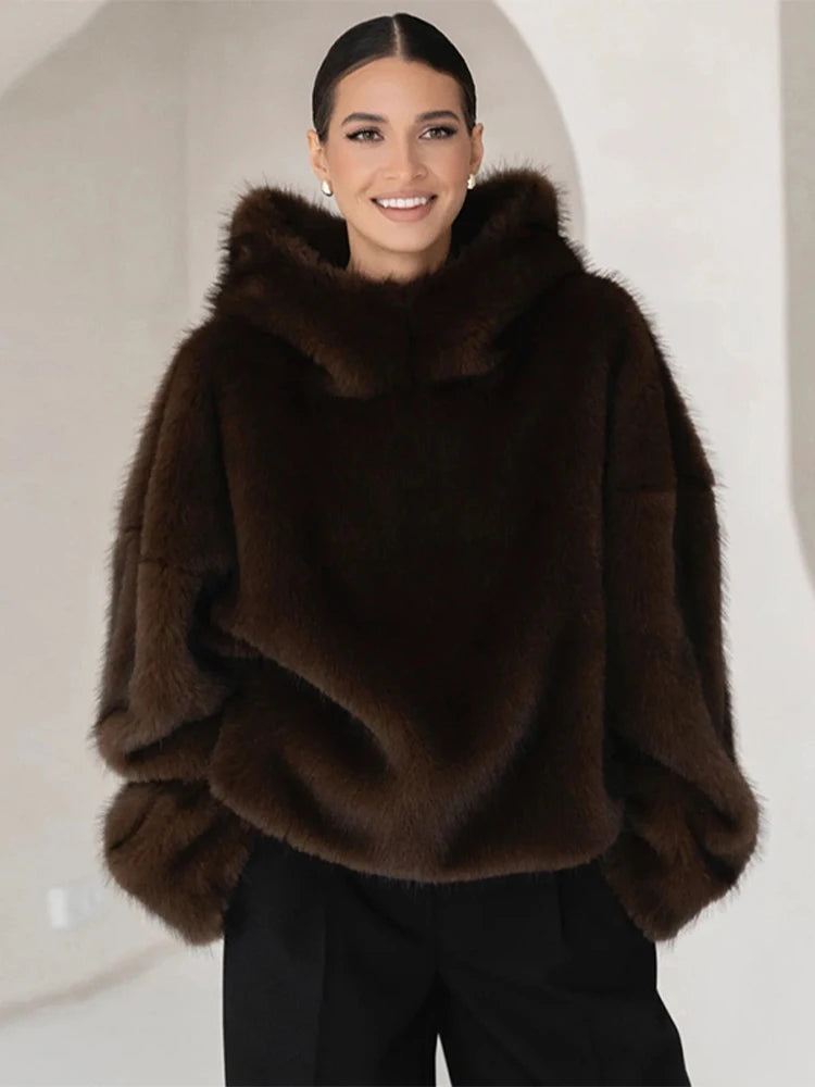 Women Solid Faux Fur Hooded Pullover Casual Full Sleeve Warm Loose Thick Tops Lady New Daily Chic Elegant Winter Outwear 2025