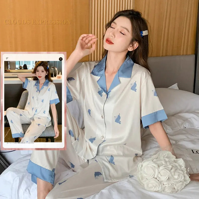 Spring Summer Ladies Faux Silk Polyester Pajama Sets Sexy Homewear Women's Casual Luxury Pajamas Thin Pajamas Female Sleepwear