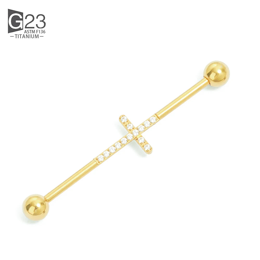 14G 38mm G23 Titanium CZ Industrial Feather Barbell Ear Cartilage Helix-Conch Piercing Bar Earring Stud Body Jewelry