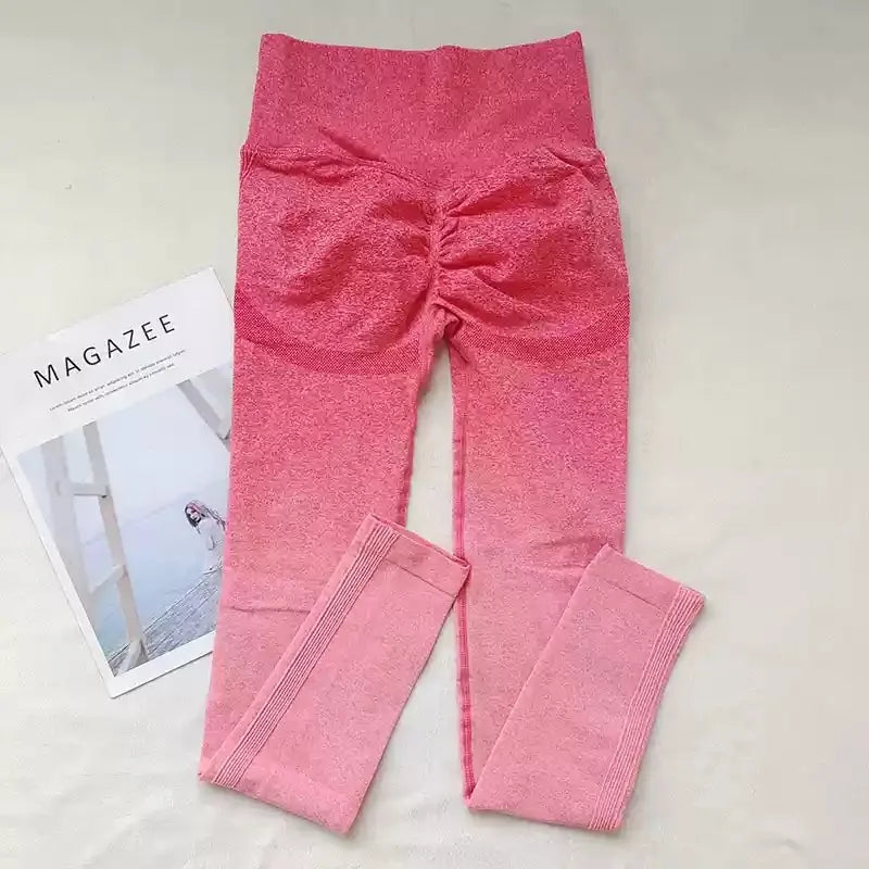 Sexy Butt Enhancing Gradient Color Tight Fitness Running Yoga Pants Quick Dry Slimming Nine-Tenths Length Breathable Nylon
