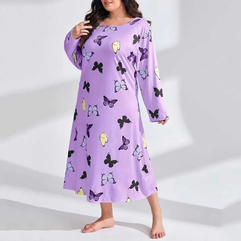 Elegant Fashion Women Long Sleeve Sleepwear Long Dresses Loose Clothes Plus Size Women's Butterfly Heart Print Sleepwear Dress