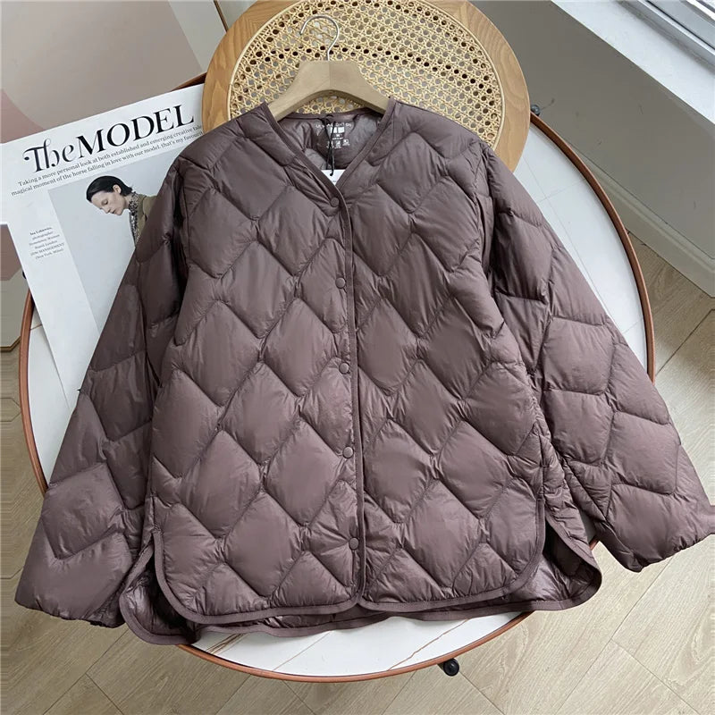 Janveny 2025 New Autumn Winter Ultra Light Collarless Soft Puffer Jacket Women Casual Loose Single Breasted 90% Duck Down Coat
