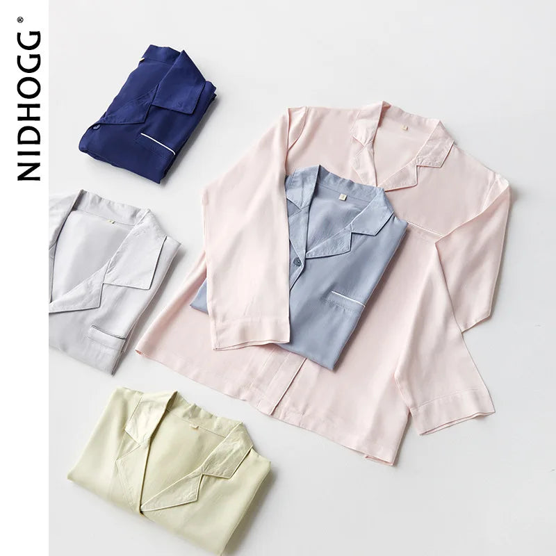 Couple's Satin Solid Color Pajamas Turn-down Collar Long-Sleeved Pajama Set Autumn Pocket 2 Piece Sleepwear Home Pijama Mujer